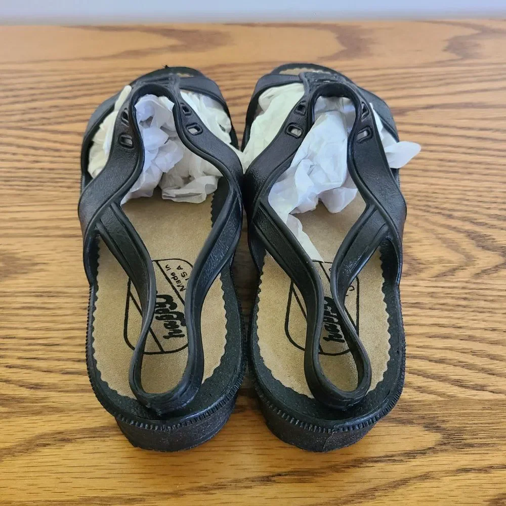 Vintage Women's Happy Feet Black T-Strap Sandals Size 24 CM ~7 US Made Corona CA